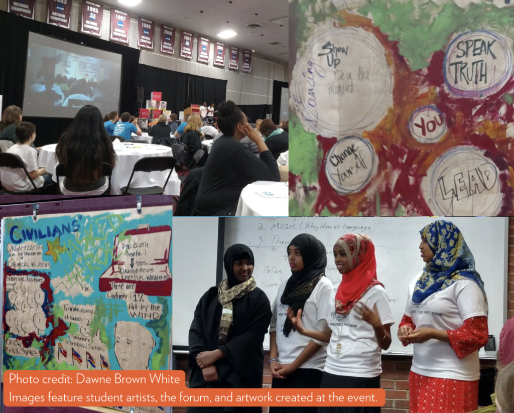 A collage of four images from a Nobel Peace Prize Forum event featuring COMPAS teaching artists and students. The top-left image shows a large gathering in a gymnasium with round tables, attendees watching a speaker on stage, and a projected screen displaying the event. The top-right image is a close-up of a mural with phrases like "Speak Truth," "Show Up," "Change Yourself," and "Lead" written inside circular designs. The bottom-left image features another mural depicting themes of war, peace, and global issues, including the words "Civilians," "Chemical Weapons," and a painted portrait of a person in a suit. The bottom-right image captures four young women wearing headscarves and Nobel Peace Prize Forum t-shirts, standing in front of a classroom whiteboard and engaging in discussion.